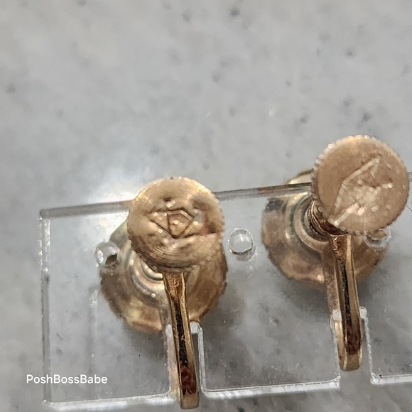 Vintage Floral Porcelain Screw Back Earrings | Rhinestone Gold Tone - Picture 7 of 13